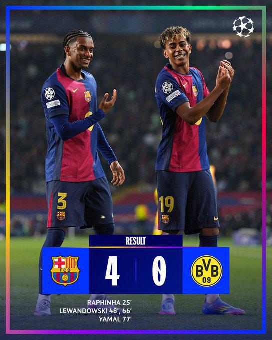 巴薩4-0勝多特，2025年23場(chǎng)不敗。